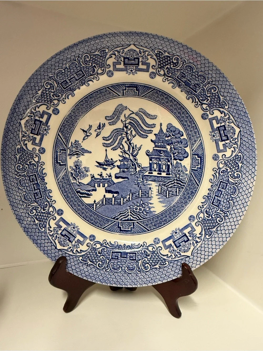 Three Vintage Blue and White Dinner Plate Blue Willow Pattern by England 10in